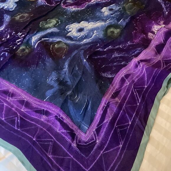 Silk Chiffon Oversized Shawl/Sarong. Multicolor Purple, Red, green & Blue print. - Picture 2 of 6